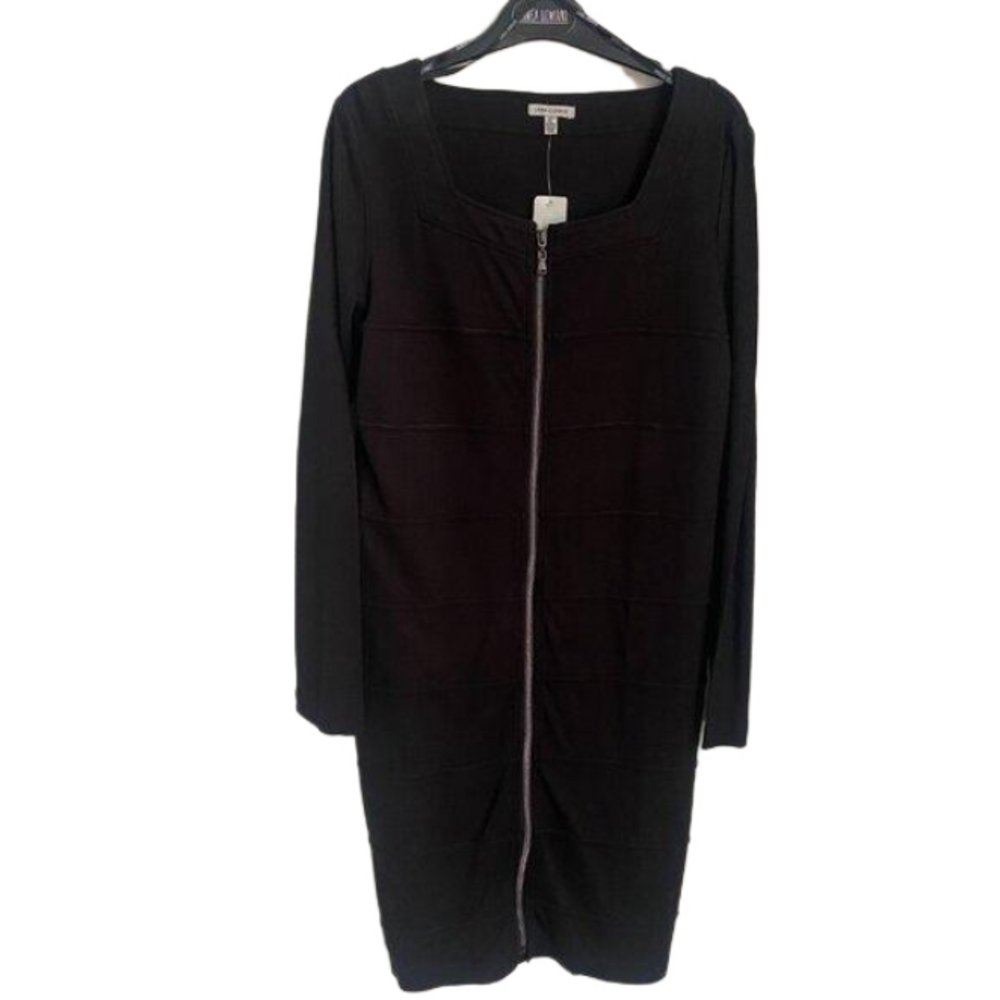 Linea Domani Black Full Zip Front Long Sleeve Square Neck Bodycon Dress Size 14